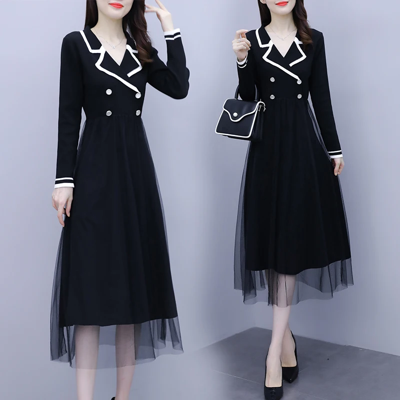 

Autumn Midi Dress Women 2020 Fashion V-Neck Long Sleeve Mash dress female patchwork vestidos de festa