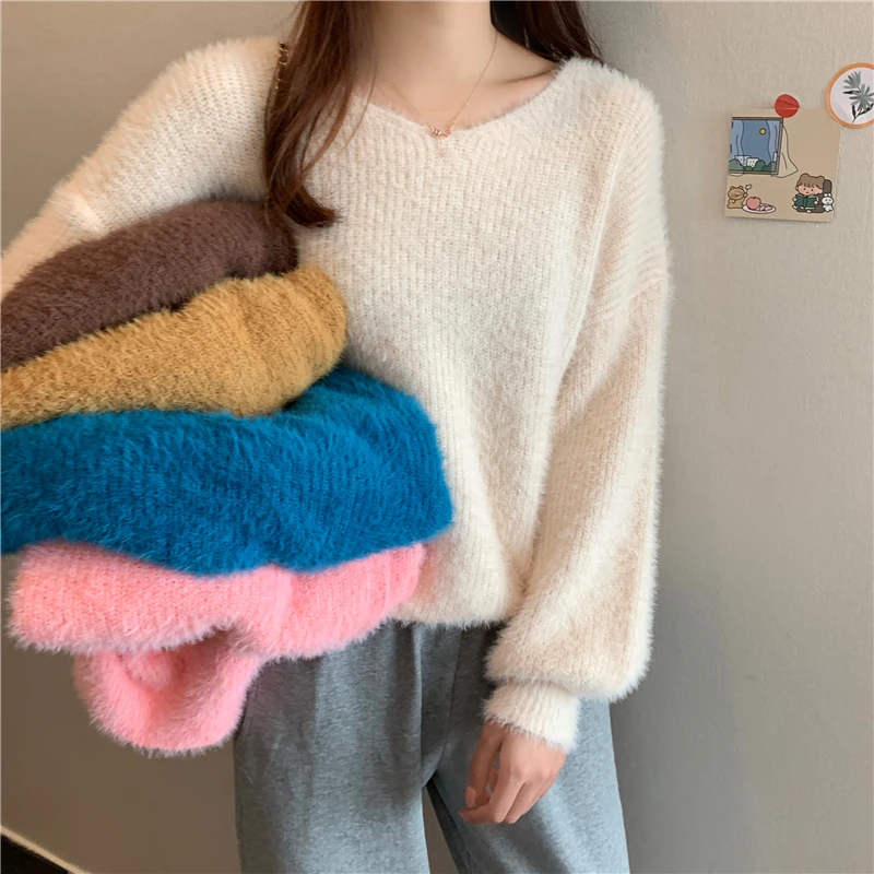 

Autumn Winter Korean Fuzzy Sweaters Women Fashion V Neck Solid Color Lantern Sleeve Lazy Wind Chic Knitted Pullovers for Female