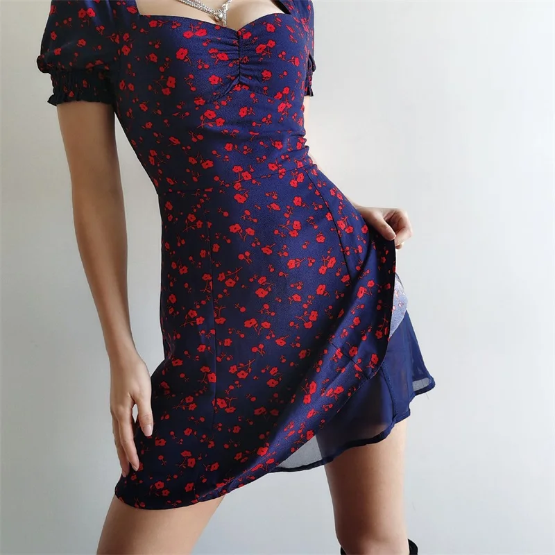 Женское мини платье с пышным рукавом и цветочным принтом|Женские платья| |