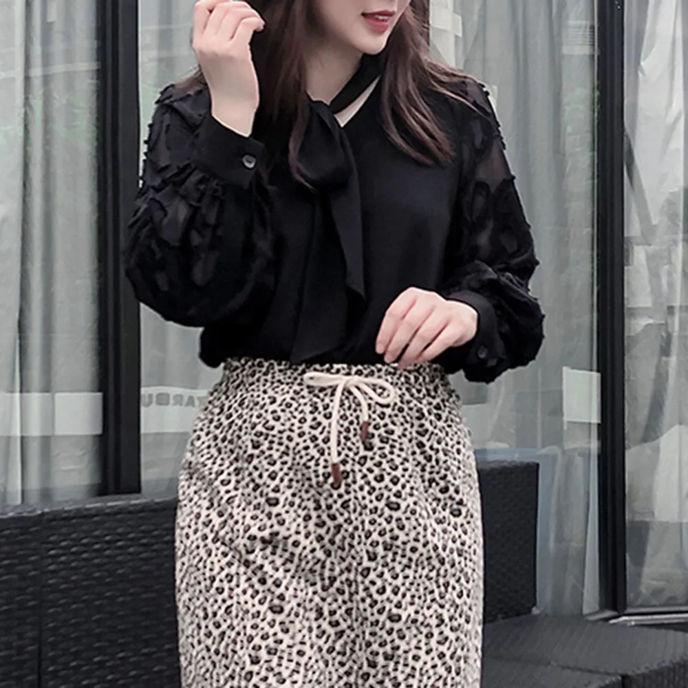 Винтажная женская повседневная черная блузка с бантом и воротником элегантная