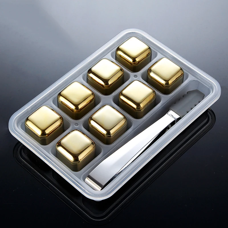 Custom Logo Reusable Golden Square Stainless Steel Stones Ice with Box Clip Cubes Champagne Cooler Wine Whiskey Chilling Rocks
