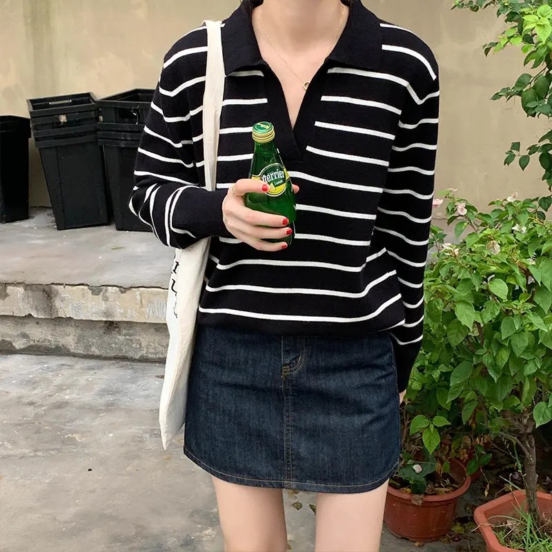 Пуловер женский трикотажный с отворотом и длинным рукавом Осень-зима | Женская