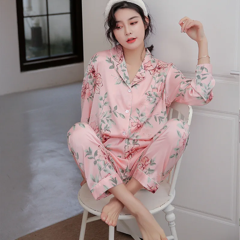 

Pajamas women's long sleeve two piece set of fashionable sweet women's silk robe sets