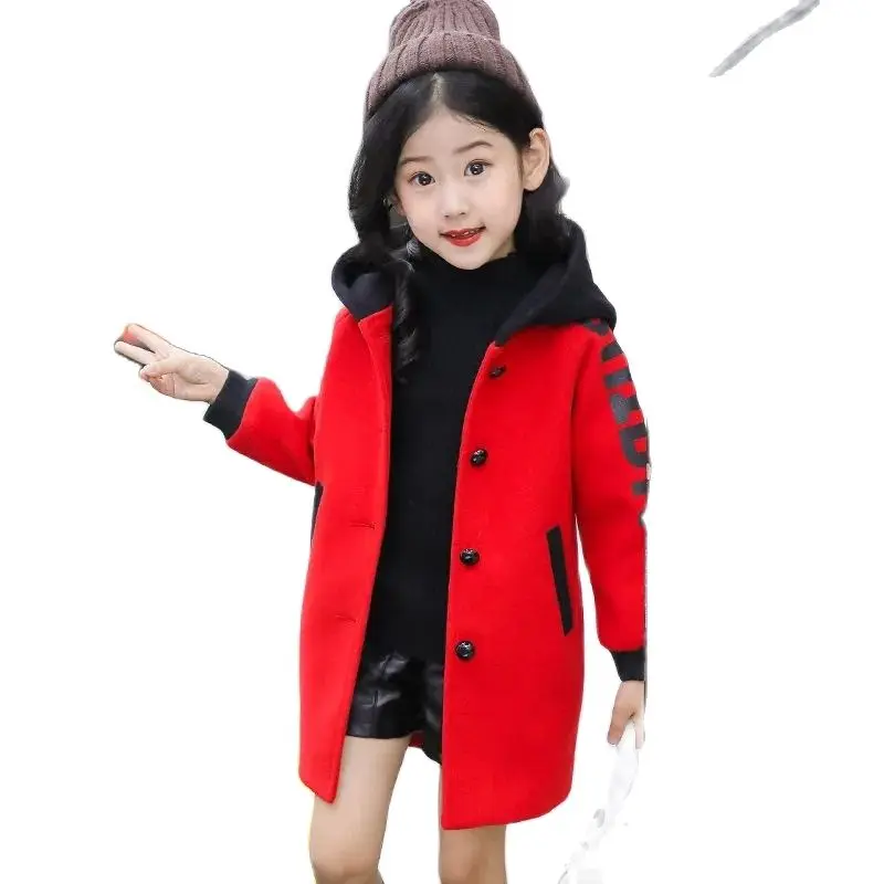 

Winter Polyester Girl Boy Woolen Cloth Coat Korean Version Fashion Printing Hooded Mid-Length Overcoat Casual Children's Jacket