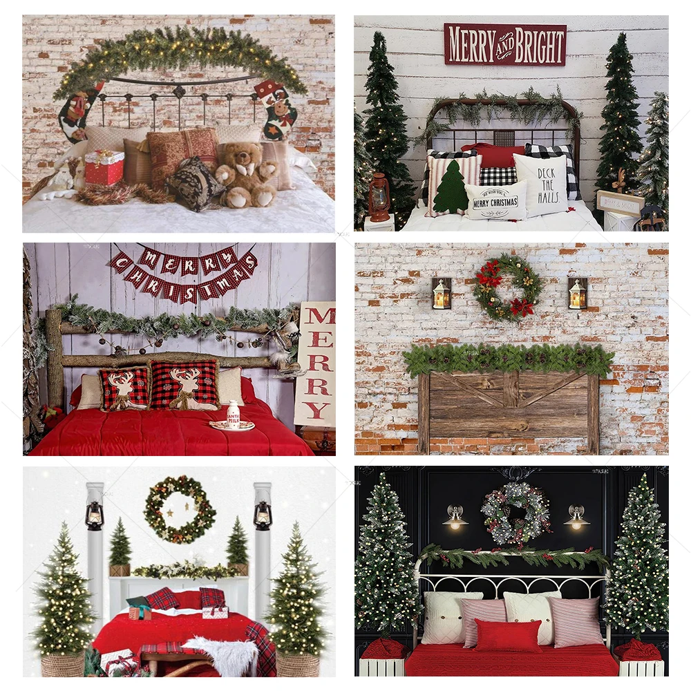 

Christmas Headboard Photography Backdrop Winter Bedroom Bedside Xmas Tree Wreath New Year Baby Portrait Party Decor Background