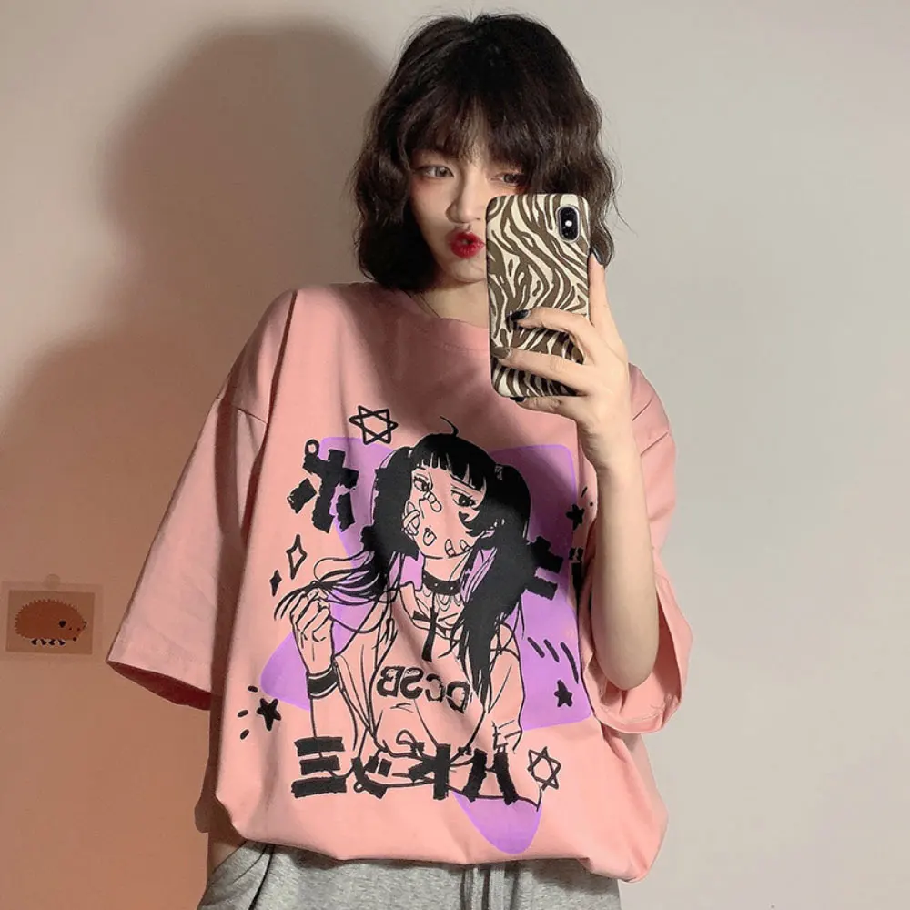 

ZOTTSOZ Japanese Anime Girl Short Sleeve T-Shirts Women Summer 2021 Fashion Korean Harajuku Casual Loose Cotton Tees Tops Female