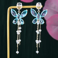 siscath noble and elegant fashion hanging earrings women long tassel butterfly luxury cubic zircon wedding banquet party jewelry