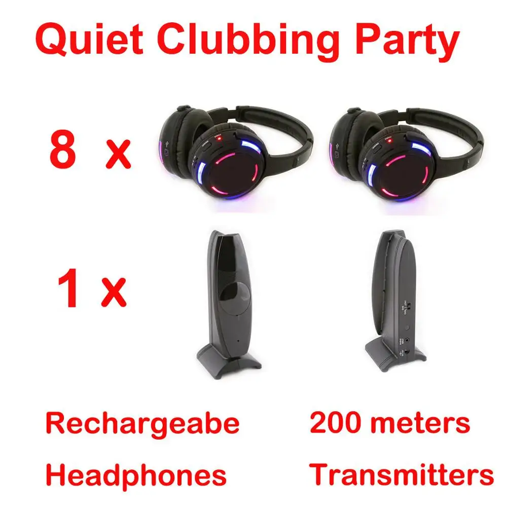 Silent Disco compete system black led wireless headphones - Quiet Clubbing Party Bundle (8 Headphones + 1 Transmitters)