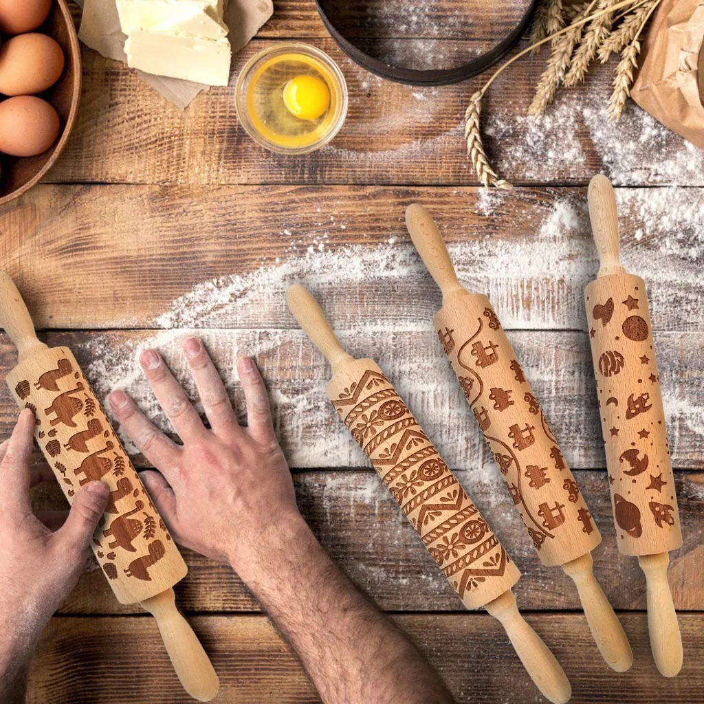 Скалка Выгравированная резная деревянная рельефная скалка для кухни