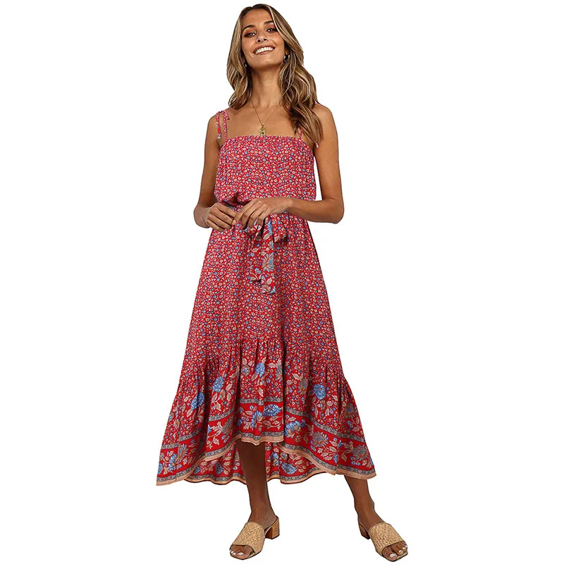 

Yg brand women's 2021 summer new Bohemian holiday high waist open back suspender floral mid length dress