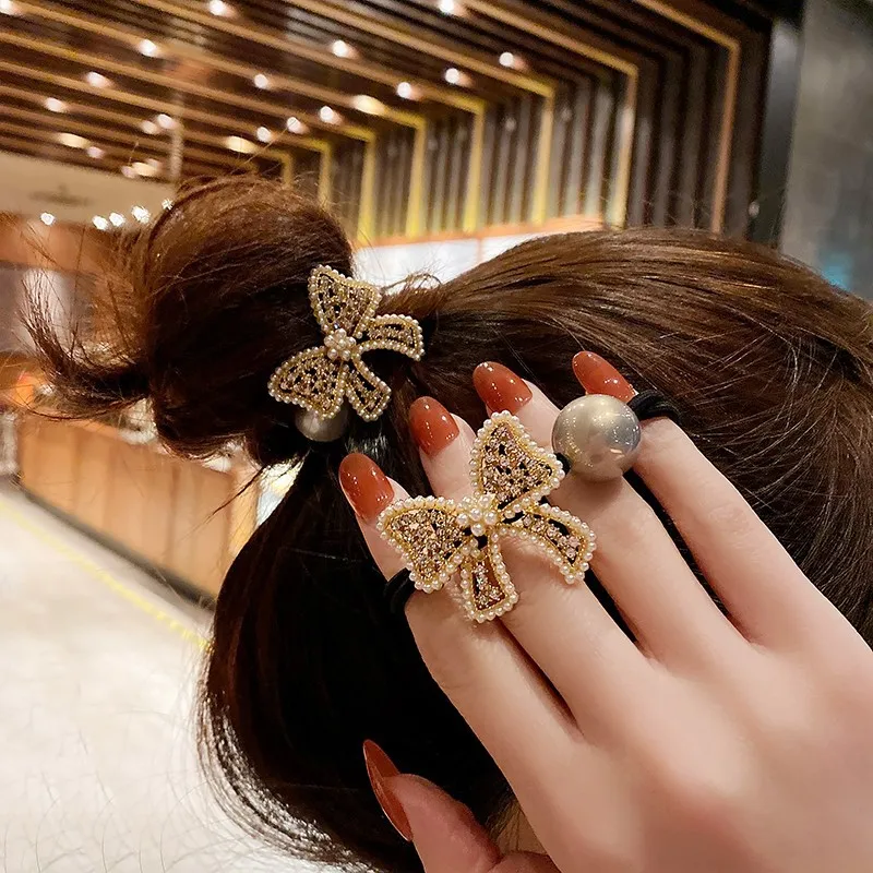 

New Style Headwear High-End Sense Head Rope Bowknot Pearl Hair Rope Simple Female Net Red Ponytail Head Rubber Band
