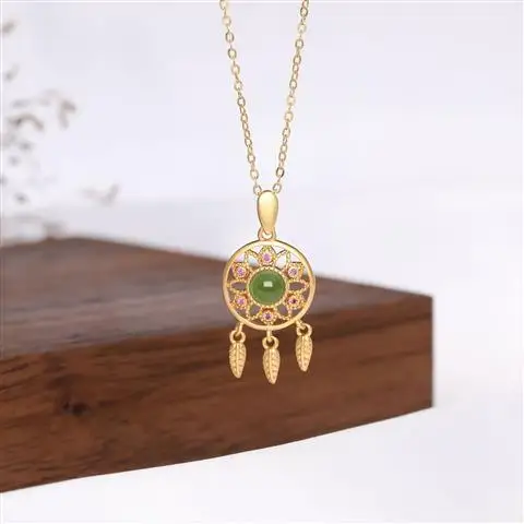 

S925 Sterling Silver Inlaid Hetian Jade Niche Ancient Gold Dream Catcher Pendant Necklace Women's Sweater Chain Han Chinese