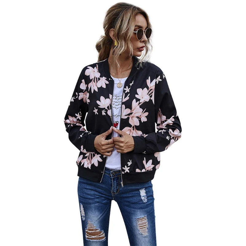 

Women Long Sleeve O-Neck Floral Bomber Jacket Stand Collar Zip Up Short Outwear