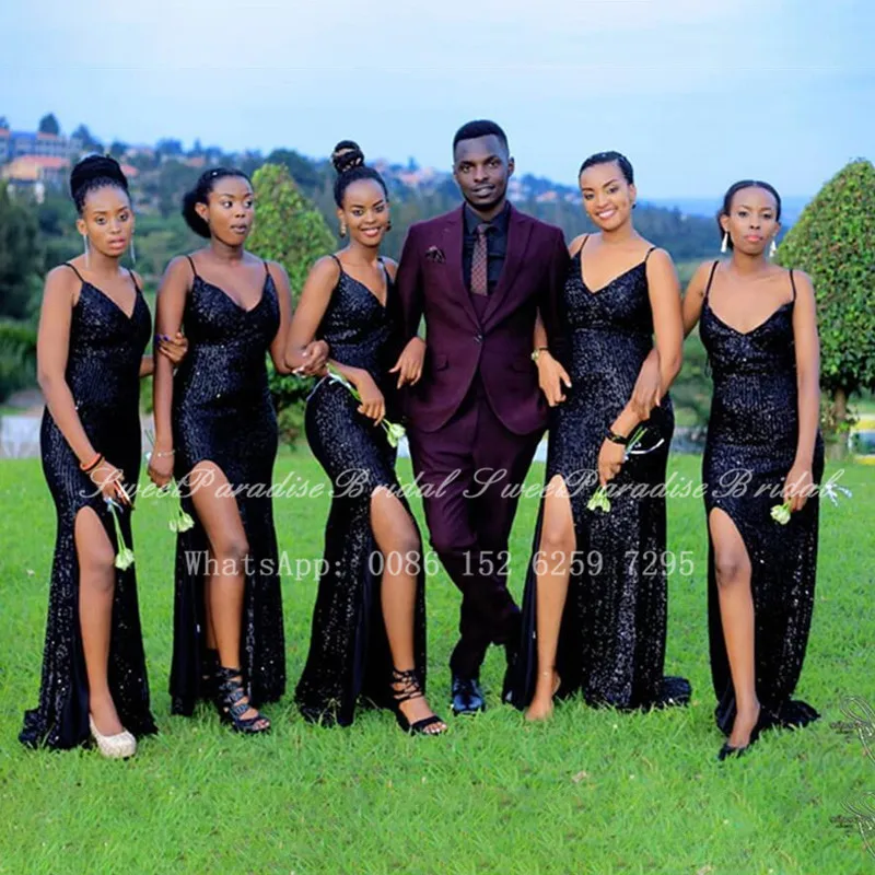 

Sparkly Sequined Black Bridesmaid Dresses 2020 African Women Sexy Side Split Mermaid Long Wedding Party Dress Vestidos