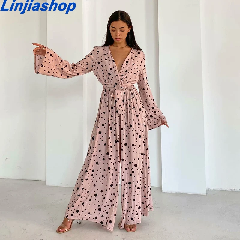 

Women's Fashion Polka Dot Printed Loose Wide Leg Pants Autumn Retro Long Sleeve V-neck Casual Ladies Jumpsuit
