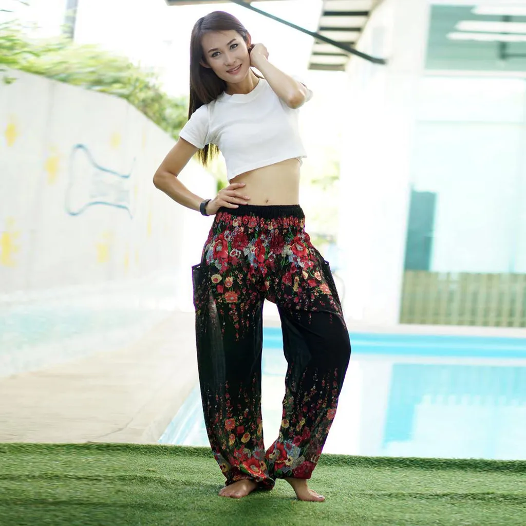 Шаровары для тренировок с цветочным принтом Пляжные штаны йоги эластичной