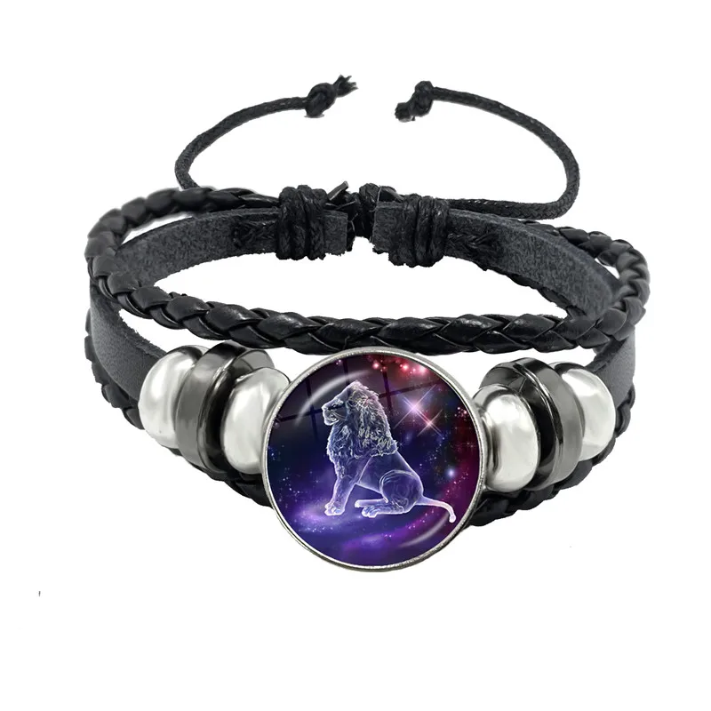 12 созвездий кожаный браслет Знаки зодиака ручной работы стеклянный кабошон