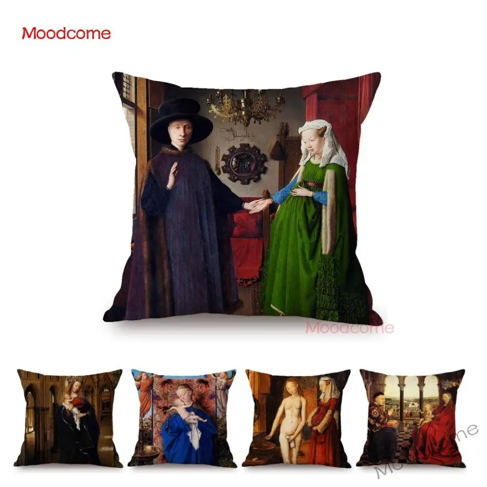 

Renaissance European Famous Oil Painting Arnolfinis Jan Van Eyck Classic Decoration Sofa Pillow Case Christian Art Cushion Cover