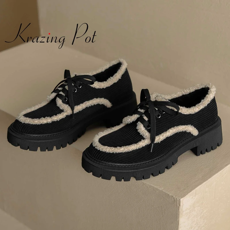 

Krazing Pot corduroy round toe med heel winter shoes keep warm comfortable young lady streetwear lace up casual women pumps L5f7