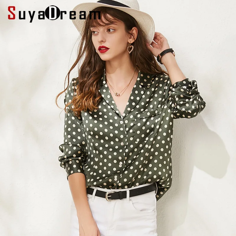 

SuyaDream Long Sleeved Turn Down Collar Dots Printed Blouses 95%Real Silk 5%Spandex Office Lady Blouse Shirt 2019 Autumn Shirt