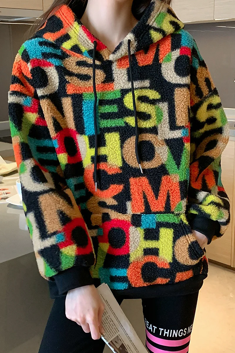 

2021 Winter Korean Women Hoodie Sweatshirts Casual Fleece Oversized Hoodies Loose Letter Printing Tops Thicken Hoodies for Girls