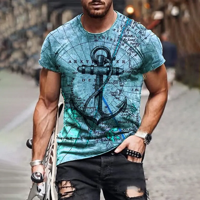 

2021 New Map Anchor Print T-Shirt Men Casual Fashion Oversize Tees Short Sleeve O-Neck Streetwear Man Loose Tshirt Tops Clothes