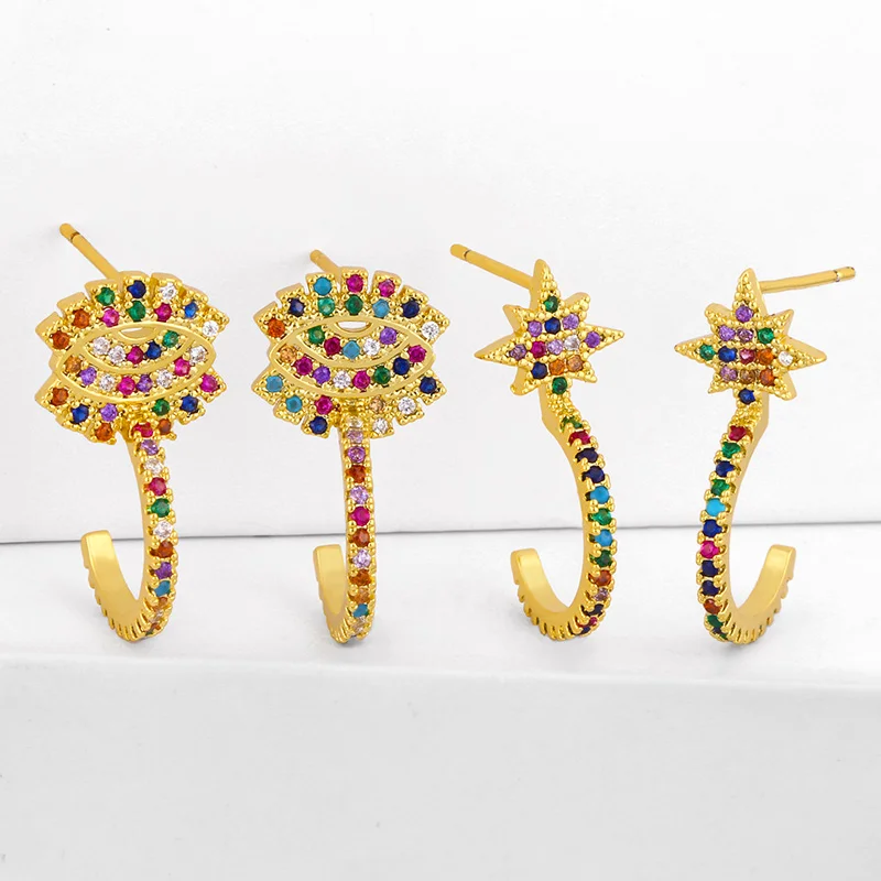 

Cubic Zirconia Rainbow Greek Eye Earrings For Women CZ Gold Filled Star Earring Studs Gothic Huggie Jewelry olho grego erst53