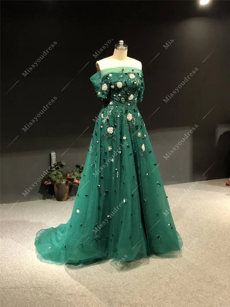 Dark Green CustomMade Real Photos Heavy Beads Boat Neck A-line Floor Length Sweep Train Party Prom Dance Women Evening Dresses