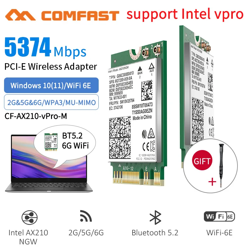 

Tri-Band 5374Mbps Wifi 6E Intel AX210 M.2 Intel vPro Wifi Laptop Network Card Bluetooth 5.2 802.11ac/ax AX210NGW For Win 10/11