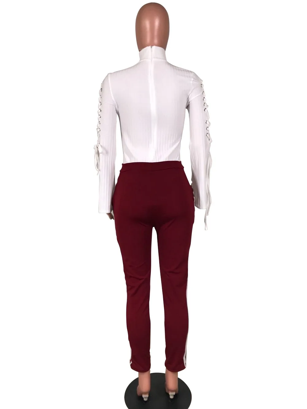 

E-BAIHUI WomenTurtleneck Flare Sleeve Bodysuit Autumn Casual Slim Jumpsuit Hollow Out Bow Bandage Striped Sexy Playsuit L0223