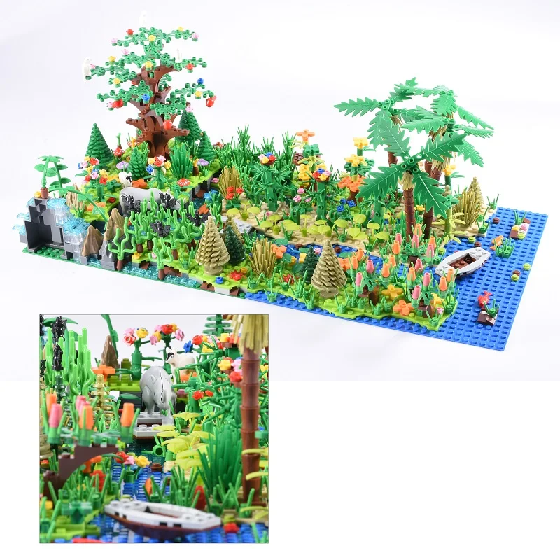 

MOC цветок дикий лес, трава, цветочная форма, животные носороги мелкие частицы строительные блоки детские игрушки, DIY подарок для детей