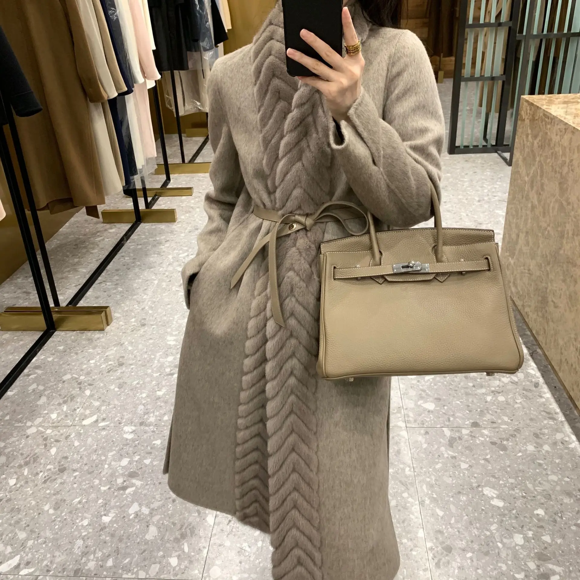 

Coat female chest mink belted autumn and winter woolen coat long elegant European and American style double-sided cashmere