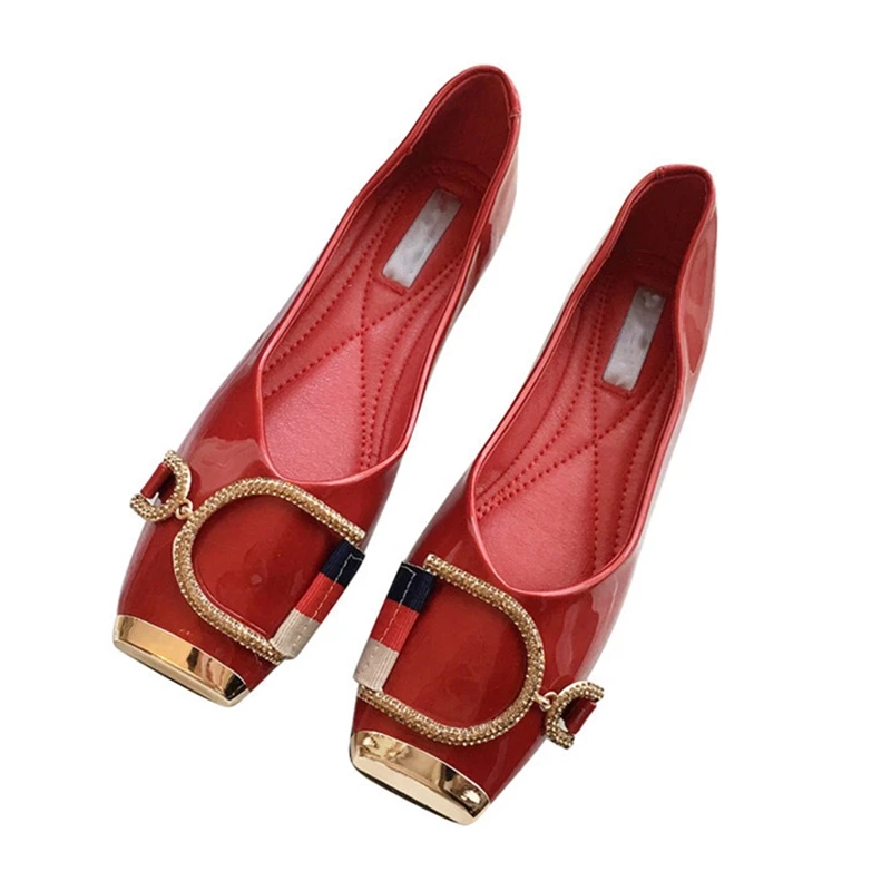 SUOJIALUN Rhinestone Buckle Flat Shoes Women Square Toe Ballerina Slip On Ladies Shoes Fashion Design Luxury Loafers Flat Shoes