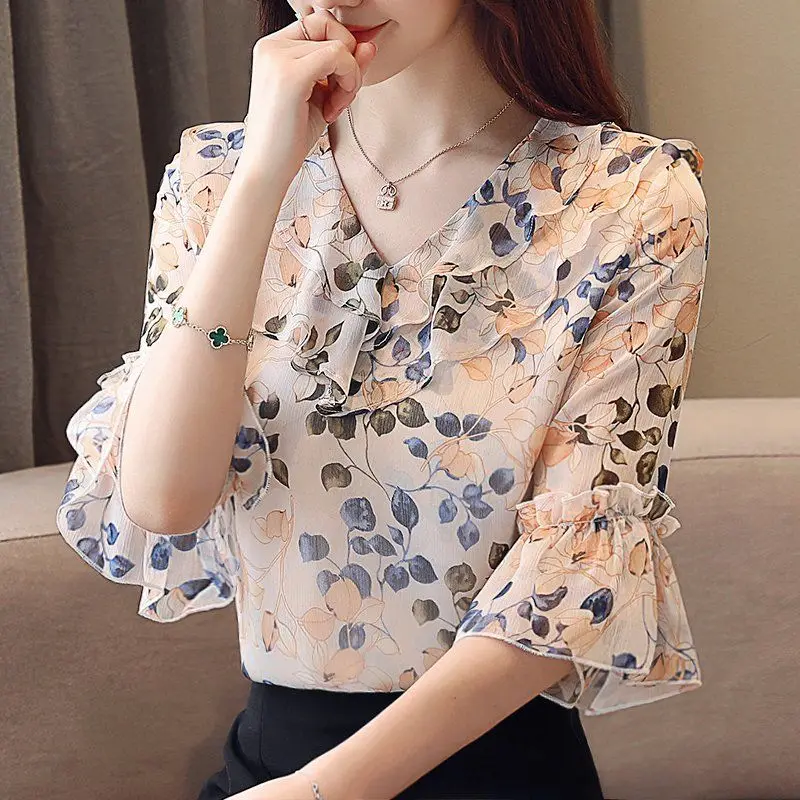 

Floral Chiffon Shirt, Large Size Short-Sleeved Women'S Clothing, Summer New Trendy Tops, Fashion Temperament Small Shirt