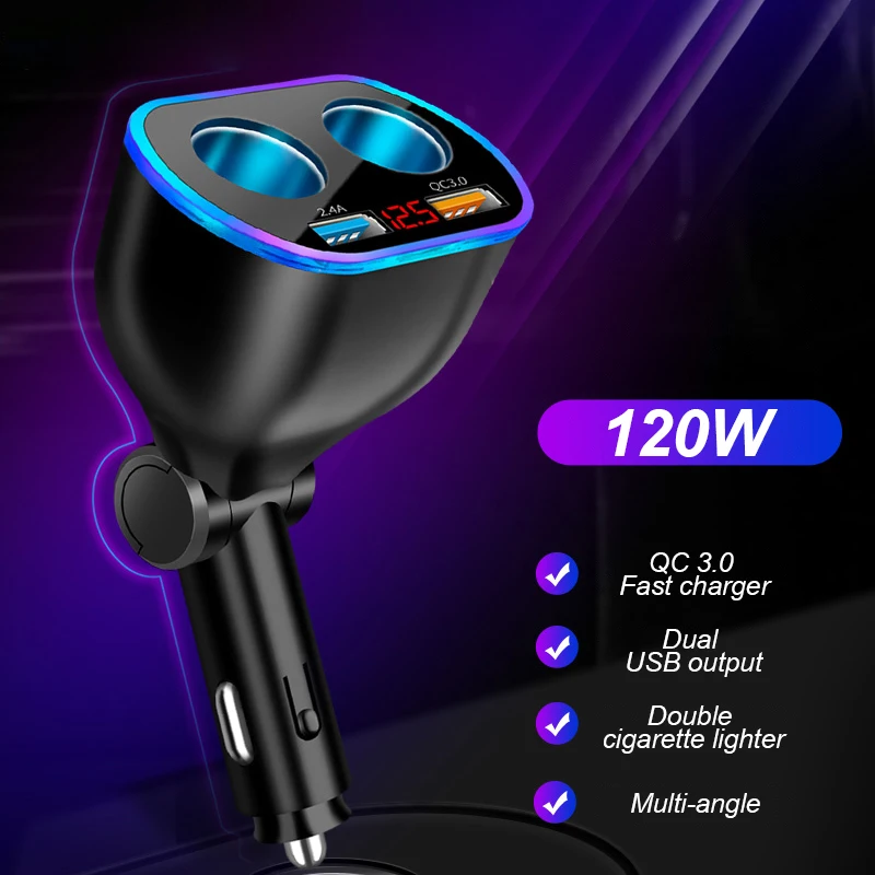 

120W Dual Cigarette Lighter Car Charger 4 In 1 QC 3.0 LED Car Socket Splitter 12V 24V Vehicel Fast Chargers for Most Cars Phones