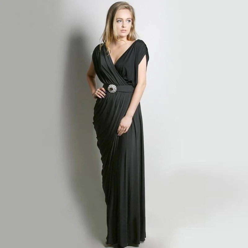 Современное простое черное шифоновое платье футляр с глубоким V образным вырезом