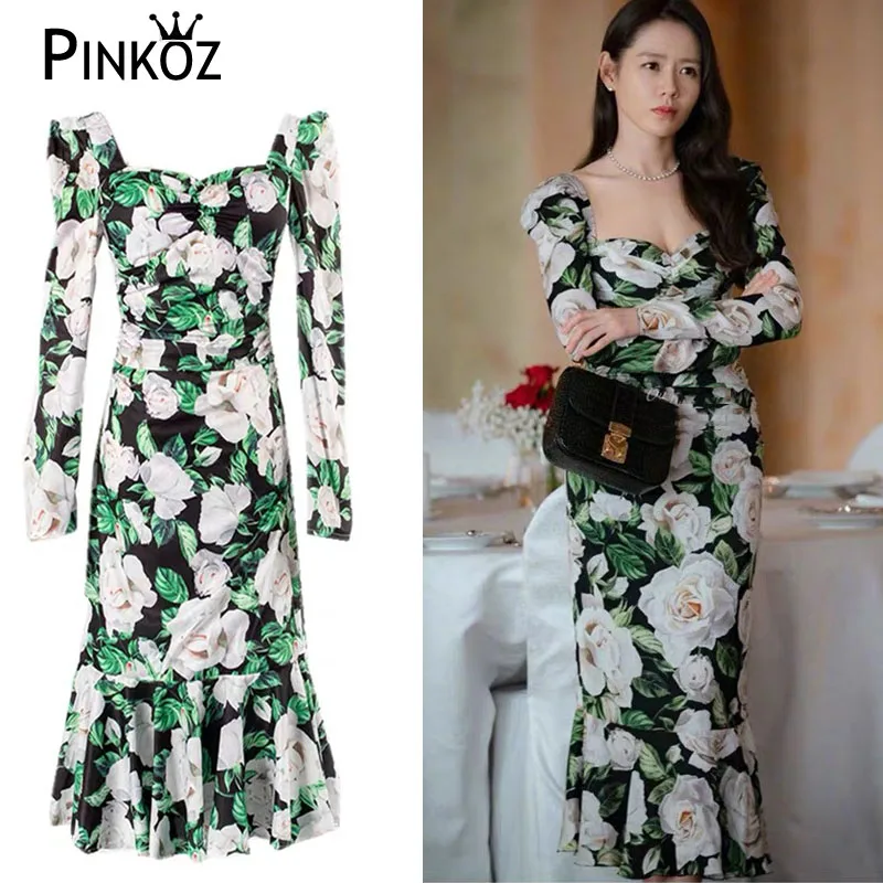 Модельное дизайнерское облегающее платье миди Pinkoz с цветочным принтом в стиле