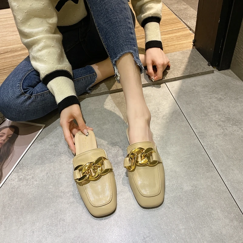 

Crrcrrcrr Woman Mature Metal Chain Decoration Summer Outdoor Slippers Ladies Comfortable Soft Casual Elegant spring Mules