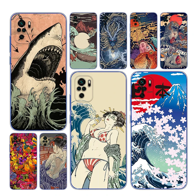 

For Xiaomi Redmi Note 4 4X 5A 5 6 7 8T 8 9T 9S 9 10 10S Prime Pro Max Soft TPU Japanese wave Anime Dragon Transparent Phone Case