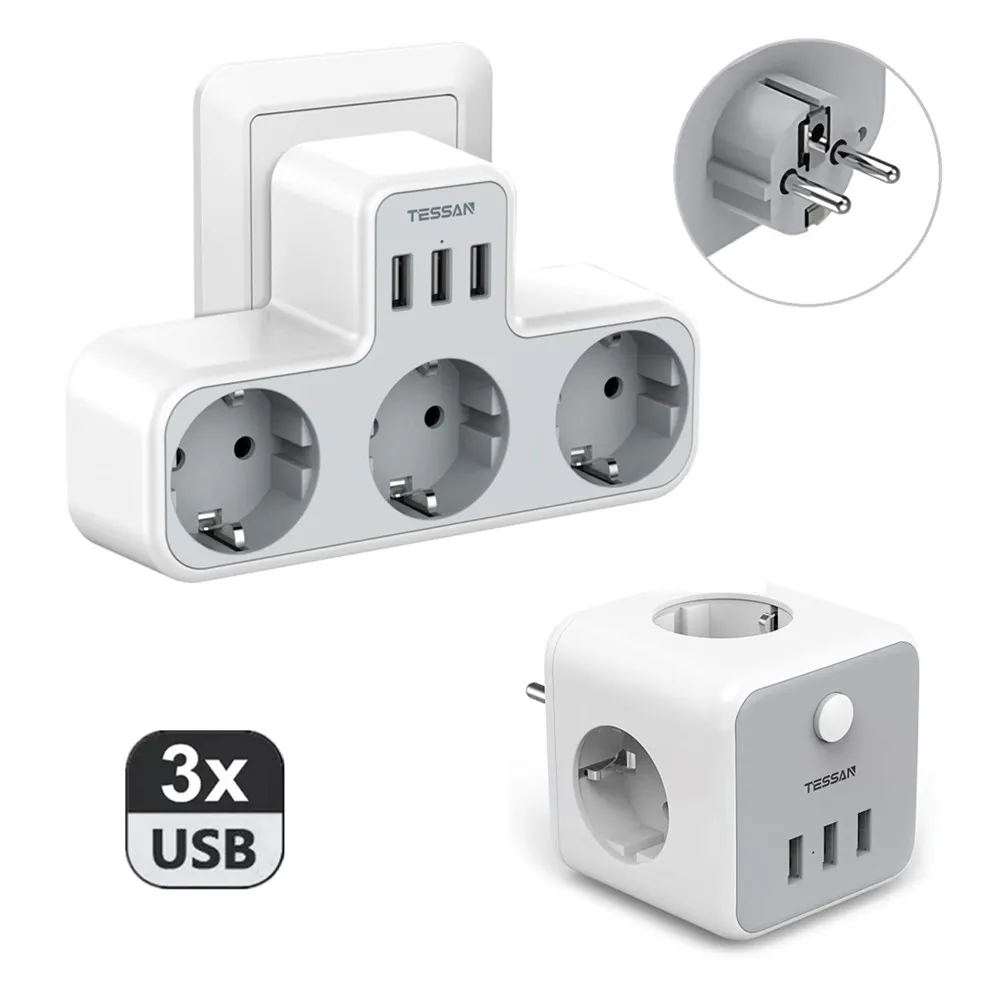 

TESSAN USB Adapter EU Plug with 3 AC Outlets 3 USB Ports Overload Protection Compact Size Wall Socket Adapter for Home Office