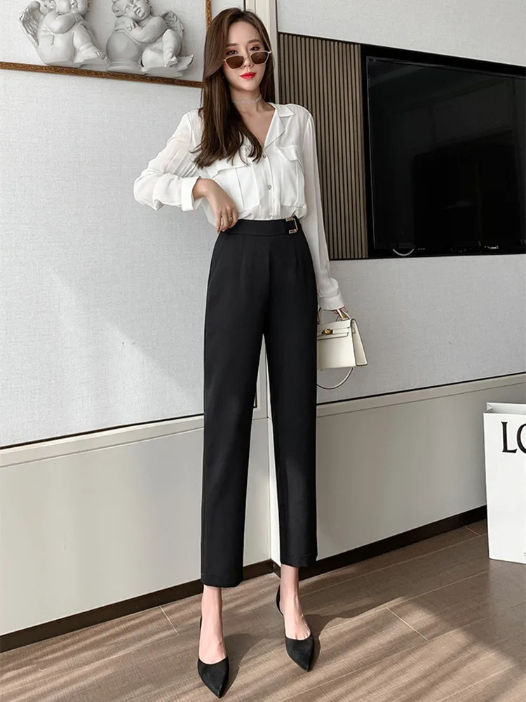 

Spring Summer Work Office Women's Trousers High Waist Black Casual Pants Fashion Harem Ankle-Length Pant 613