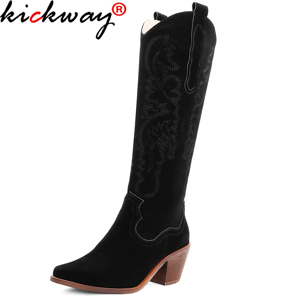 

Kickway Women's Winter High Boots Womens Pointed Toe Slip-On Thick Heel Shoes Mid Calf Cowboy Knight Boots Snow Tube Boot Shoes