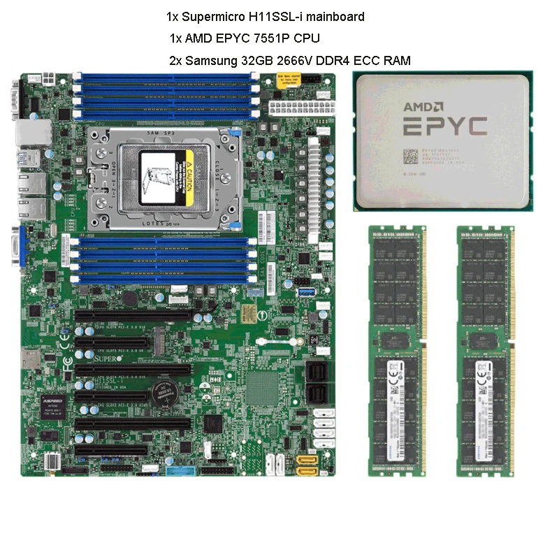 Supermicro H11SSL-i اللوحة الأم + AMD EPYC 7551P وحدة المعالجة المركزية + 2x سامسونج DDR4 32GB RAM