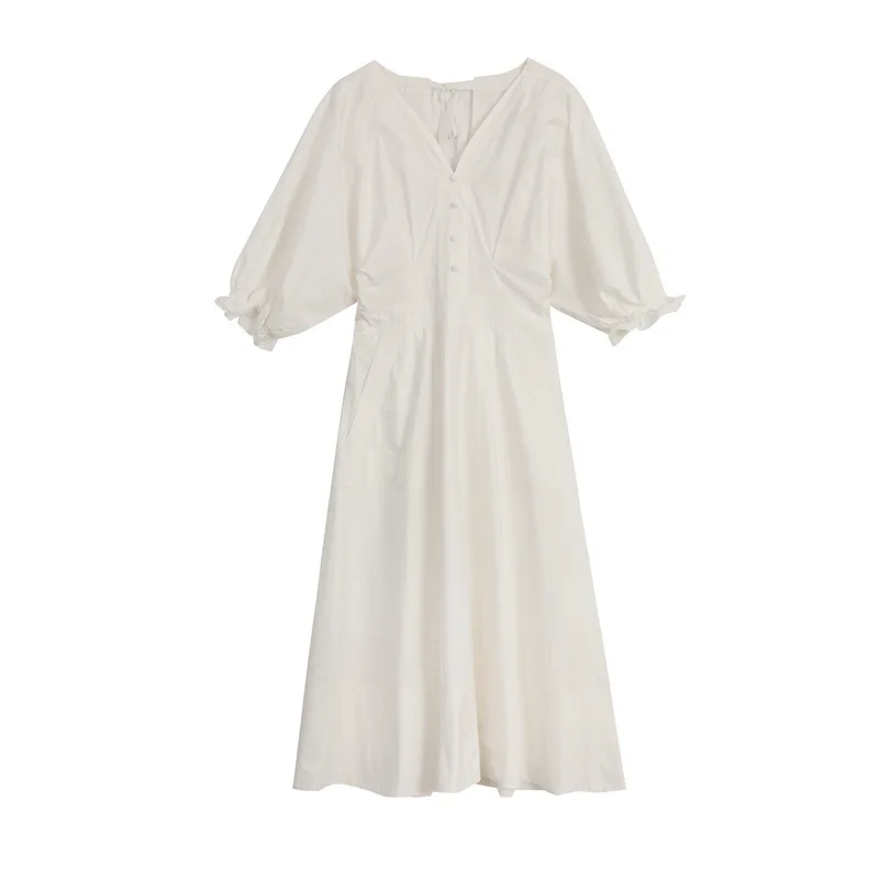 

Net red same dress summer V-neck bubble sleeve women's fashion new style show thin temperament commuting long skirt A-line skirt