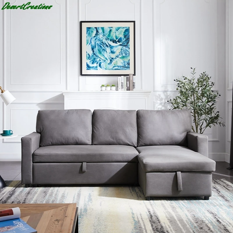 

Секционный диван с вытащить кровать, 2-местный диван и могут быть отменены шезлонг с местом для хранения, камень, ткань, серый