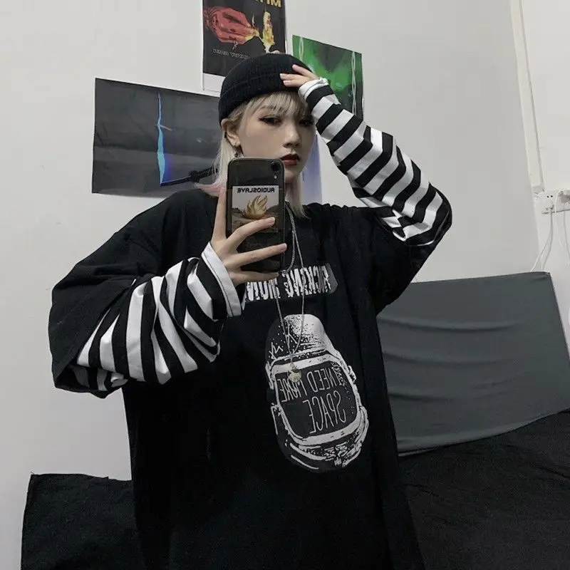 Spring 2021 new long-sleeved women's loose fake two hip-hop Harajuku fashion top T-shirt