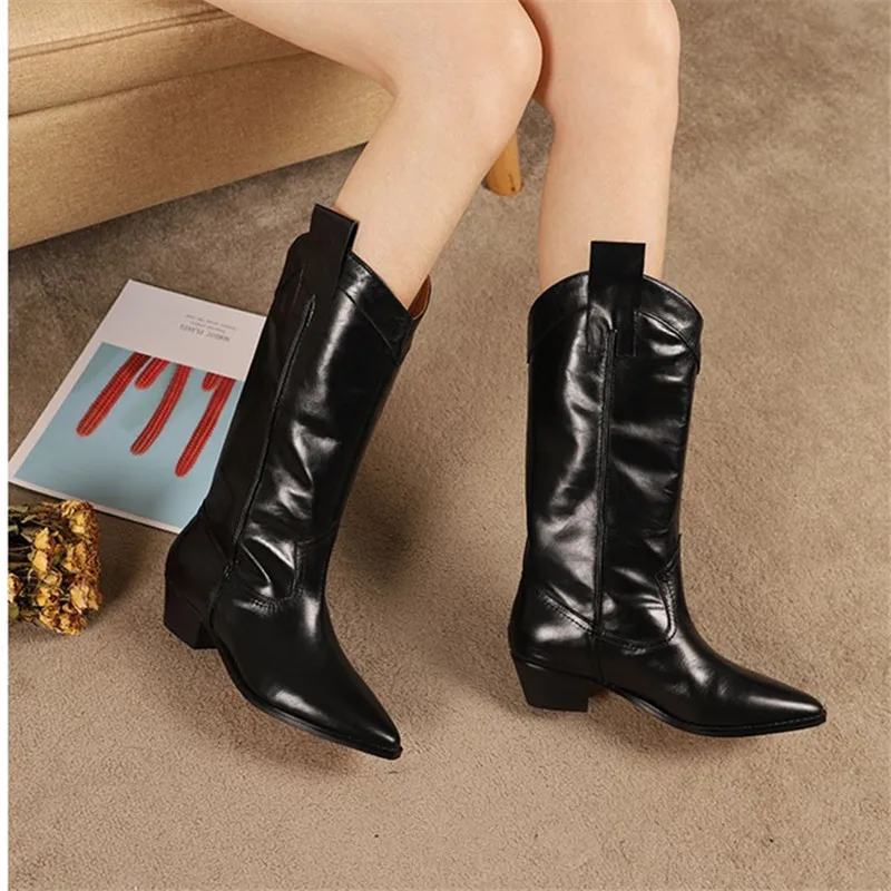 

100% Genuine Leather Women Riding Boots Black Slip-on Chunky Heel Long Boots Pointed Toe Autumn Boot Ladies Motarcycle Boots