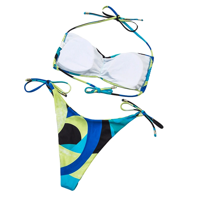 

2021 Fashion Trend Womens Printed 2Pcs Bikini Suit Low Neck Inner Drawstring Lace-up Halter Backless Tops with Triangle Bottoms