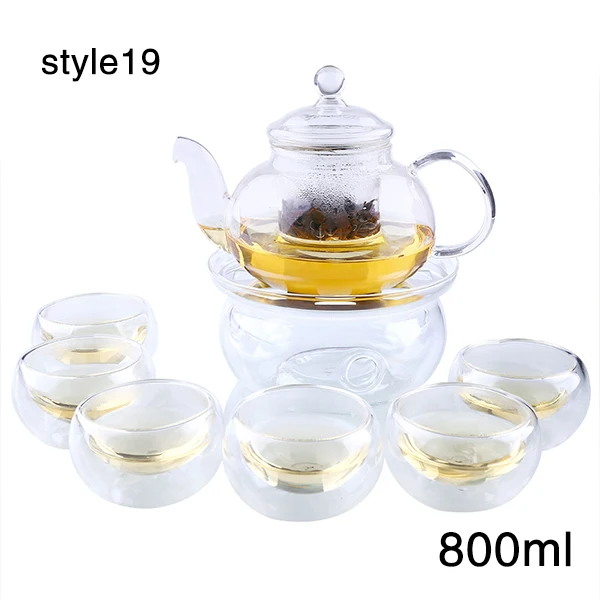Tea Set 800ml Teapot+Warmer+6 Pot Home Sarafe Clear Glass Infuser Double Wall Kitchen W/ Cup Heat Resistant Borosilicate | Дом и сад