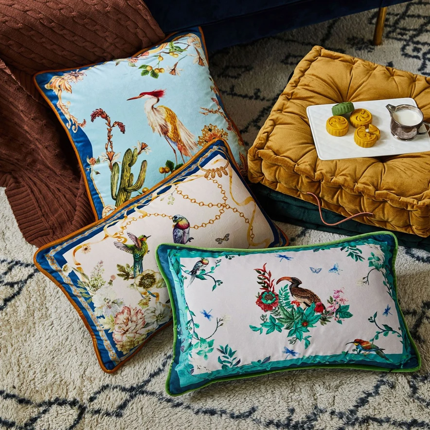 

European Velvet Cushion Cover Floral Bird Home Decoration Pillows Decor Home Sofa Bed Room Nordic Pillow Cover 30*50/45*45/50*50